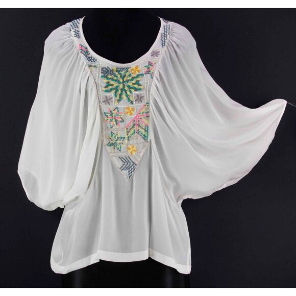 Tanvi Kedia $178 Sz XS Cream Multi Color Beaded Batwing Sleeve Rayon Top - Picture 3 of 11